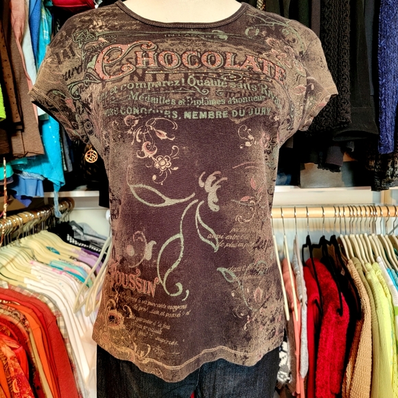 APT 9 ♡ Super-Sweet Brown 'n Tan Cotton Embellished Bling CHOCOLATE Shirt S - Picture 5 of 16